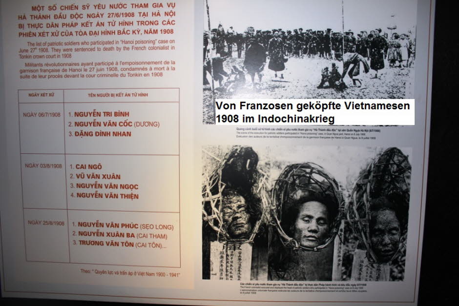 Geköpfte Vietnamesen werden von den französischen Kolonialherren auf Marktplätzen zur Abschreckung gezeigt.