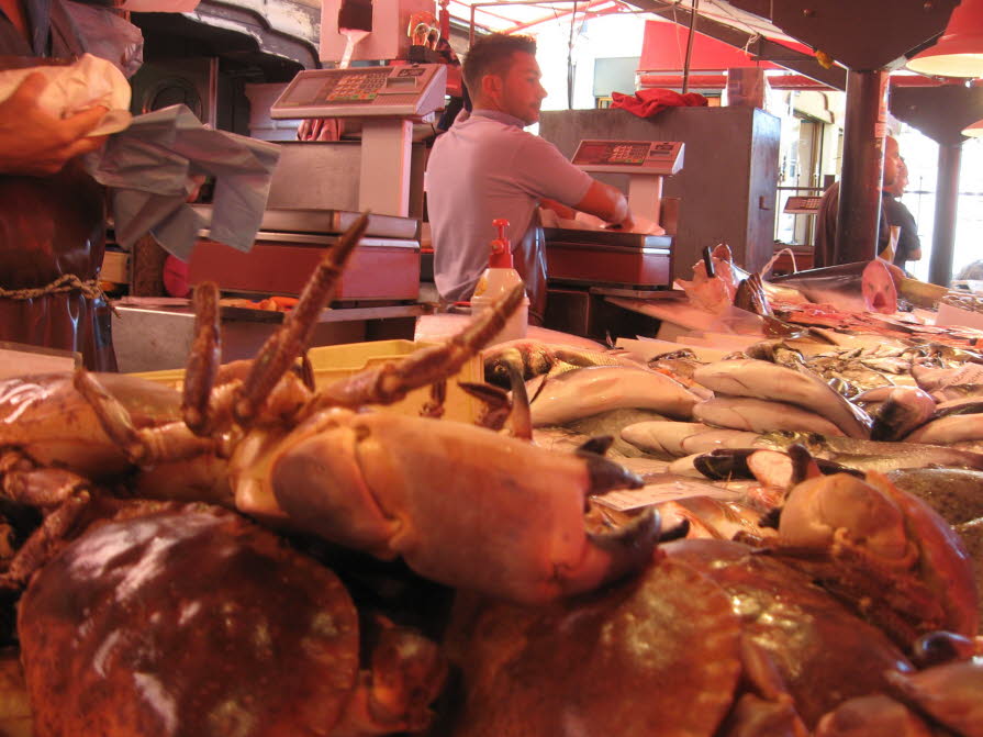 Fischstand in Chioggia: Die am Südrand der Lagune von Venedig gelegene Stadt Chioggia bietet einen werktäglichen Fischmarkt.