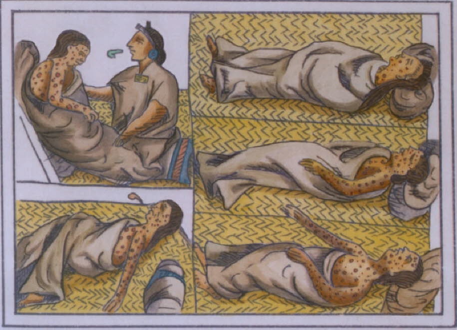Indigene Opfer der Cocoliztli-Epidemie Bild gemeinfrei -1519 lebten etwa 25 Millionen Menschen in den Gebieten des Aztekenreiches, die heute Mexiko und Guatemala umfassen. 1519 begann Cortez seine Eroberung. 1620 lebten noch 1 Mio. Azteken in der Folge deb