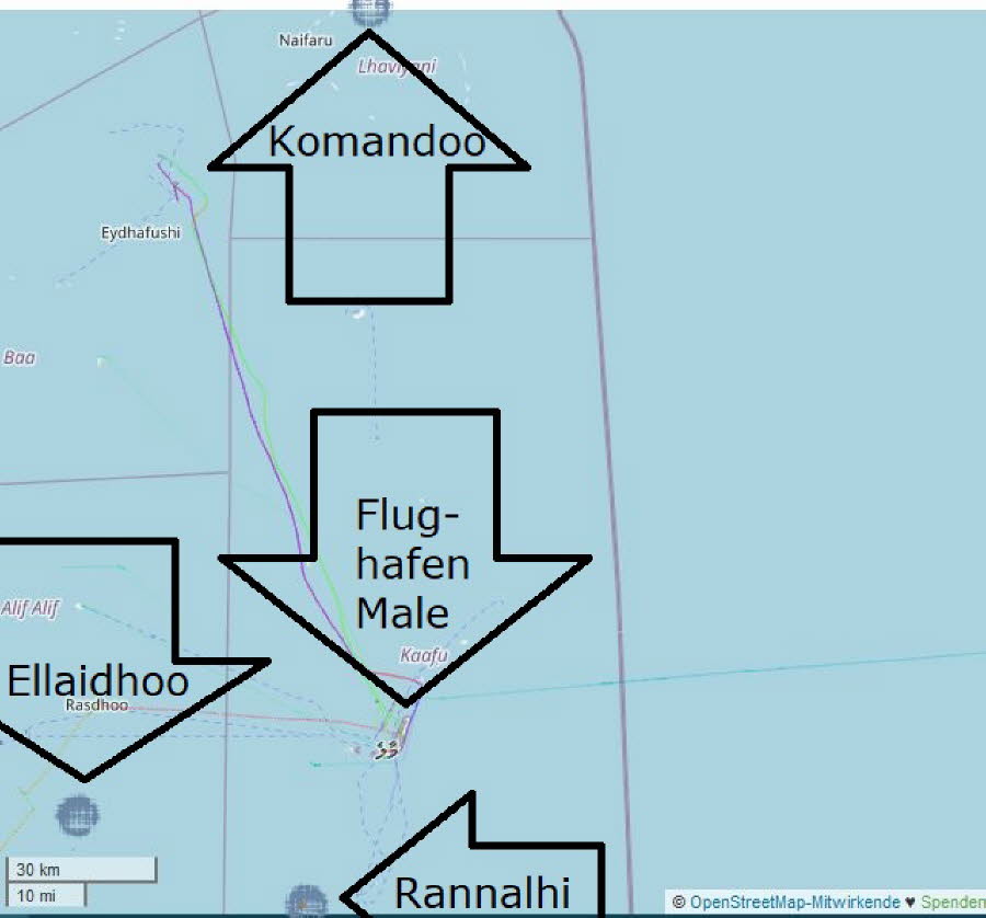 Malediven: Über die Links oben gelangen Sie zu den drei Inseln Komandoo, Rannalhi und Ellaidhoo